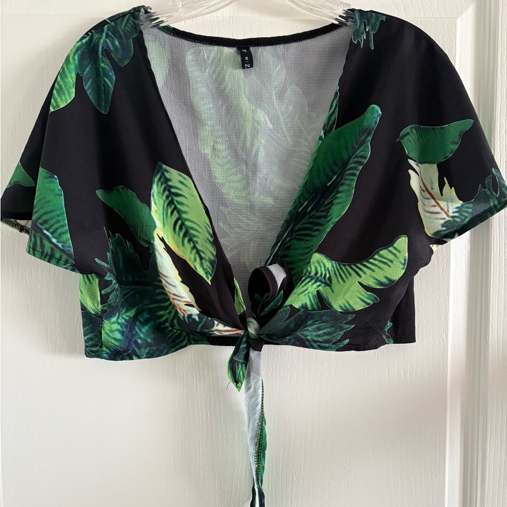 Tropical Leaf Print Tie-Front Crop Top
